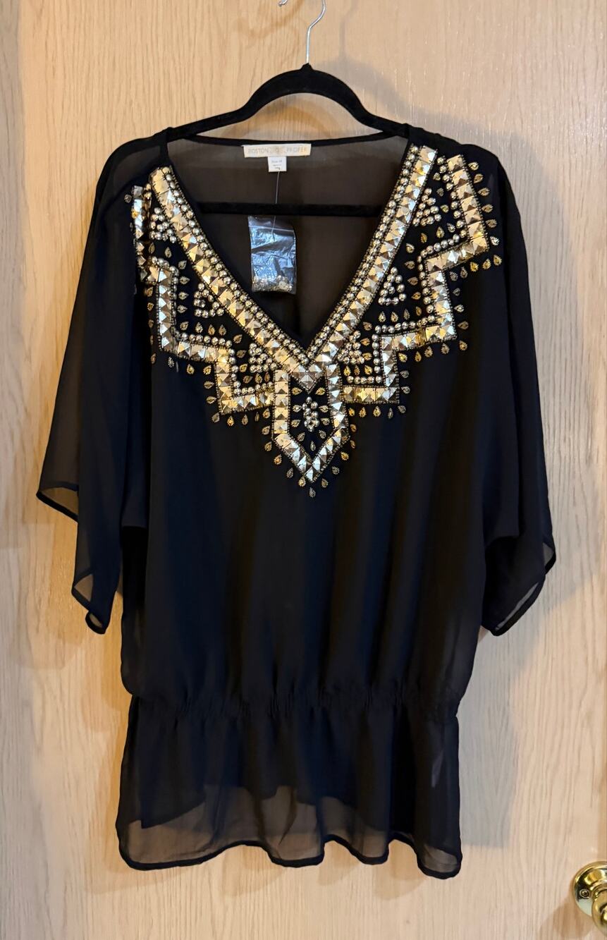 Boston Proper Black Gold Embellished Peplum Blouse Size 18 NWOT